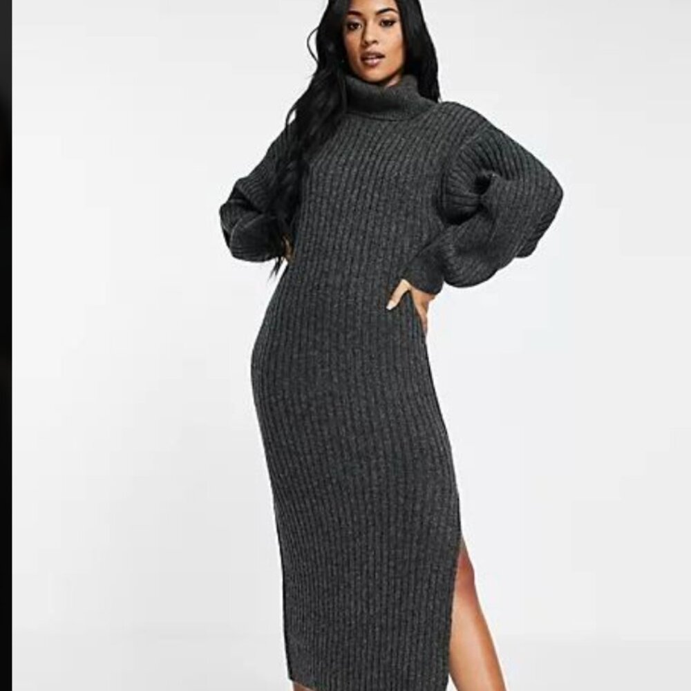 ASOS DESIGN ribbed midi dress with cowl neck - grey